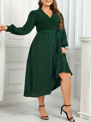Solid Lantern Sleeve Maxi Dress With Belt