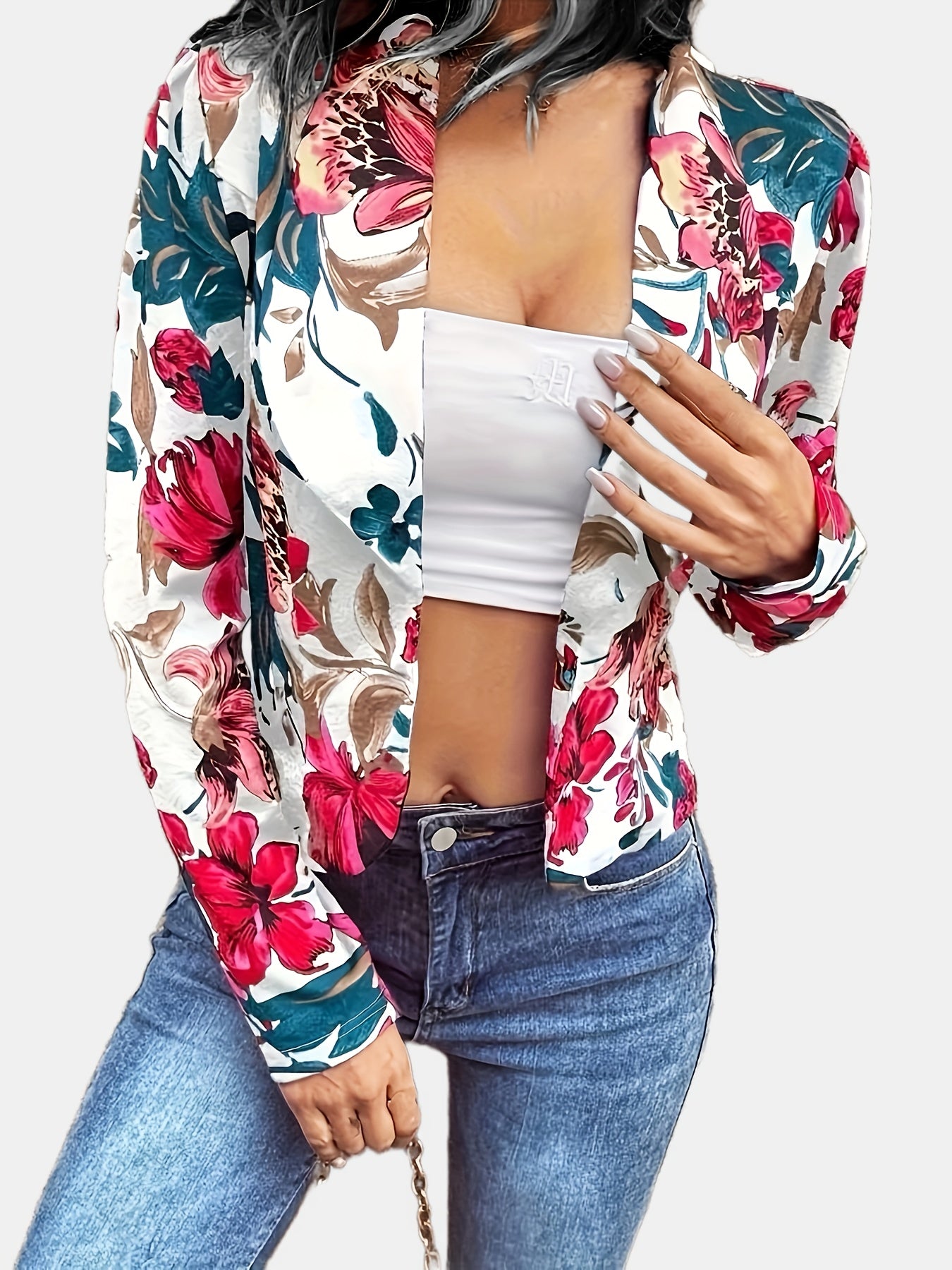 Floral Print Open Front Jacket for Spring & Fall