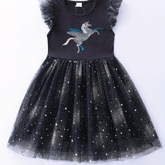 Toddler Girls Ruffle Trim Unicorn Embroidery Party Dress