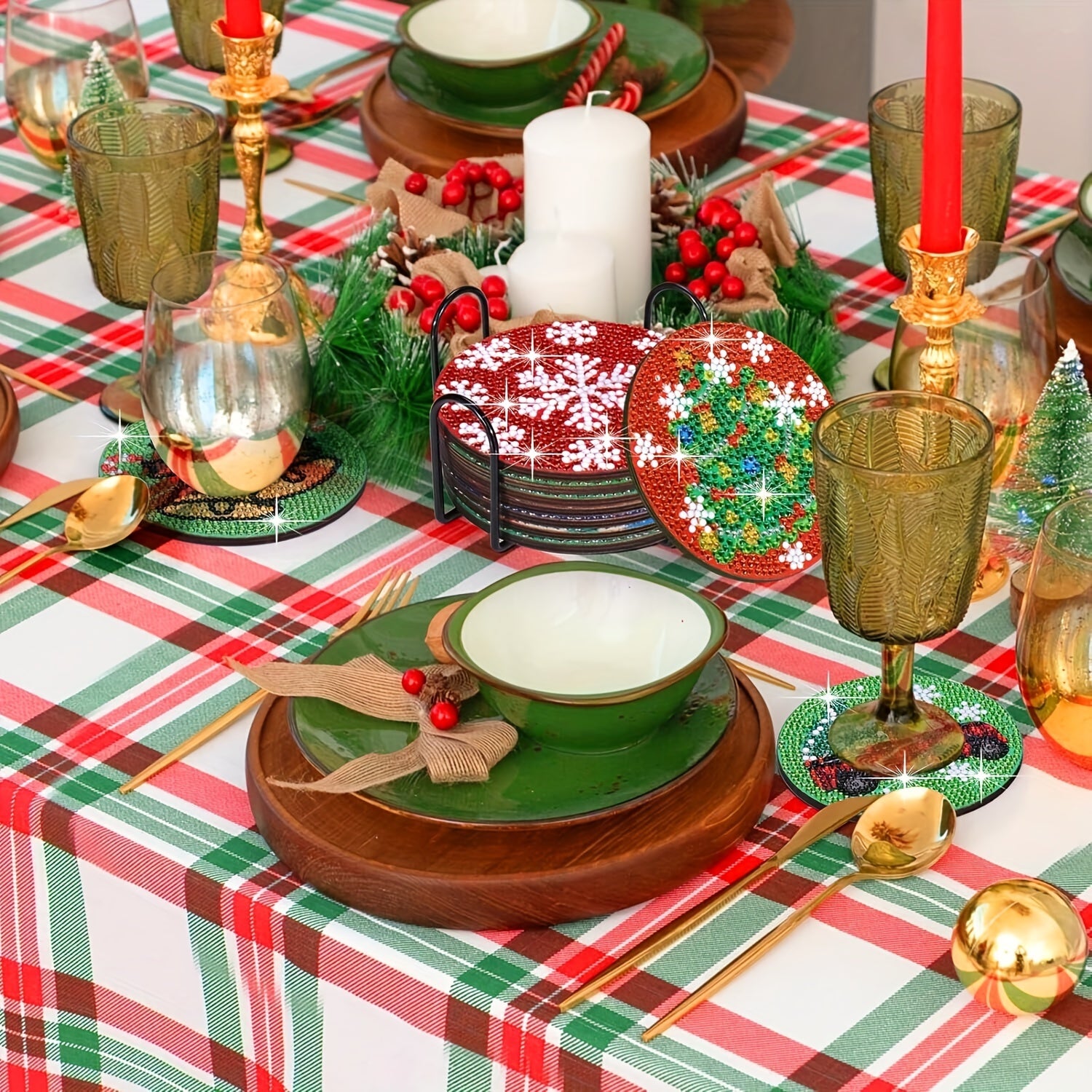 8pcs Diamond Art Set With Stand & Coaster for Christmas Decor