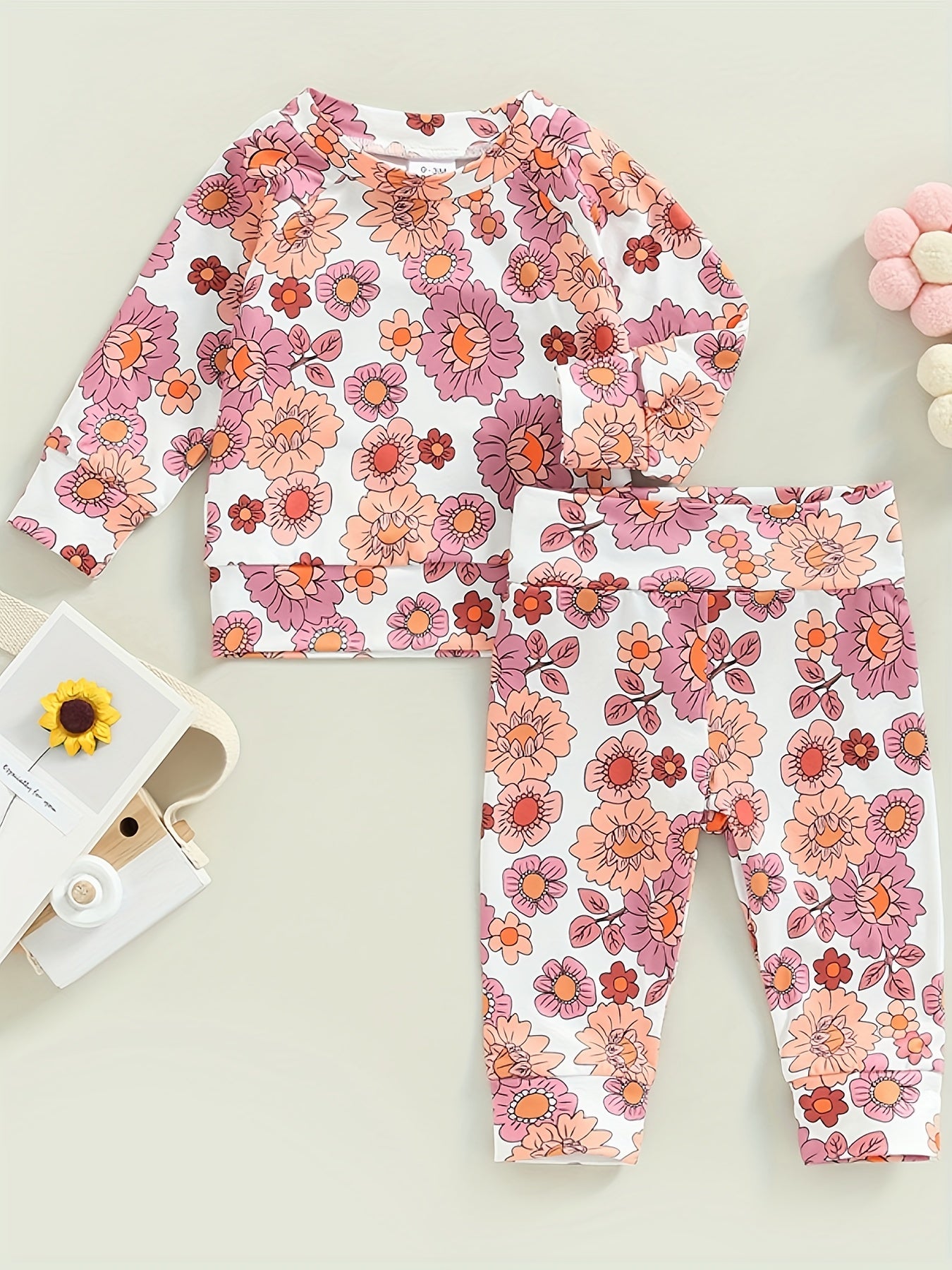 2pcs Toddler Girls Floral Print Top & Pants Set