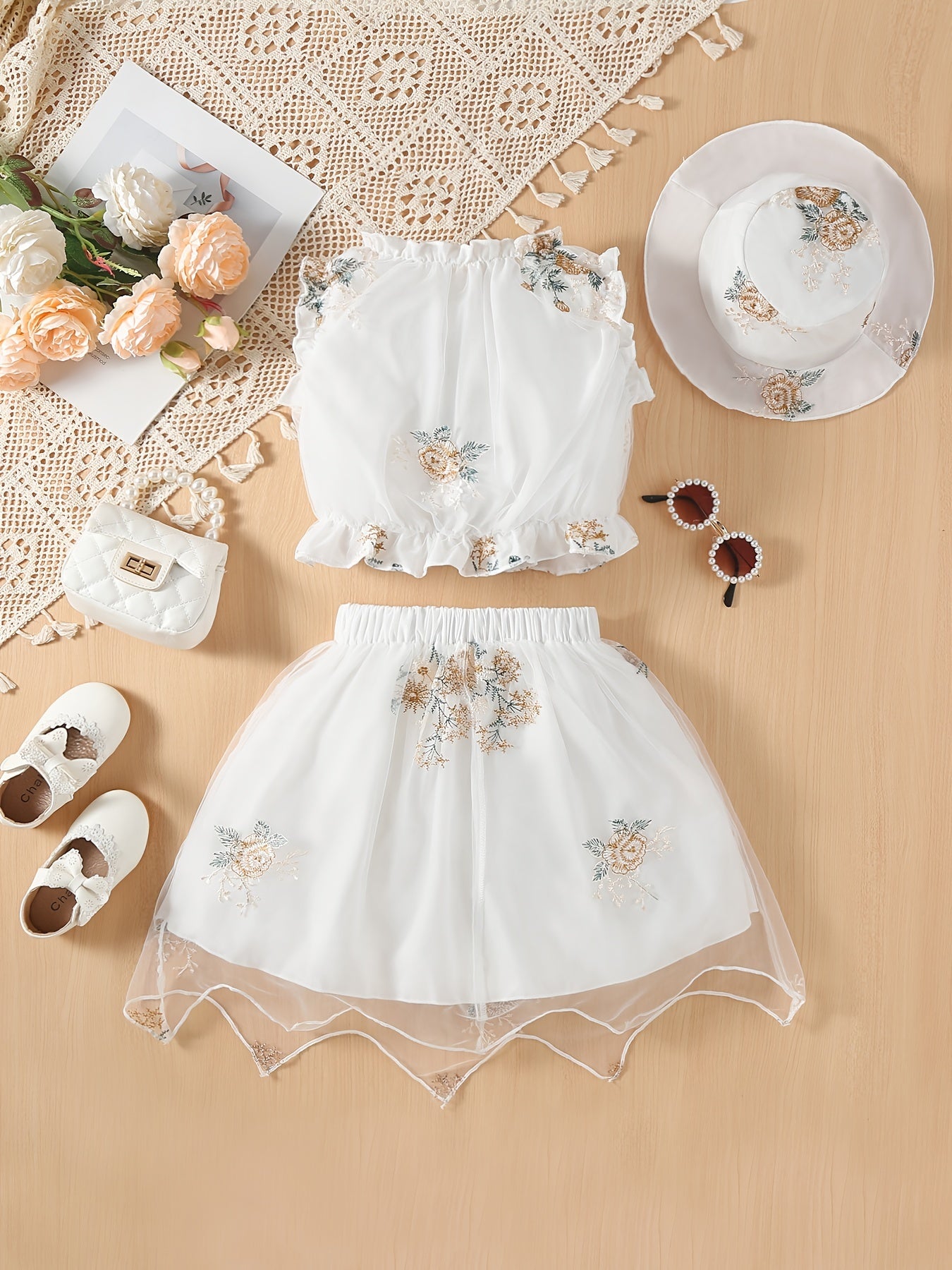 Mesh Flower Embroidery Hat & Ruffled Set for Kids