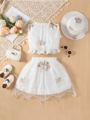 Mesh Flower Embroidery Hat & Ruffled Set for Kids