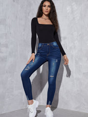 Navy Distressed Denim Pants High Rise Skinny Jeans