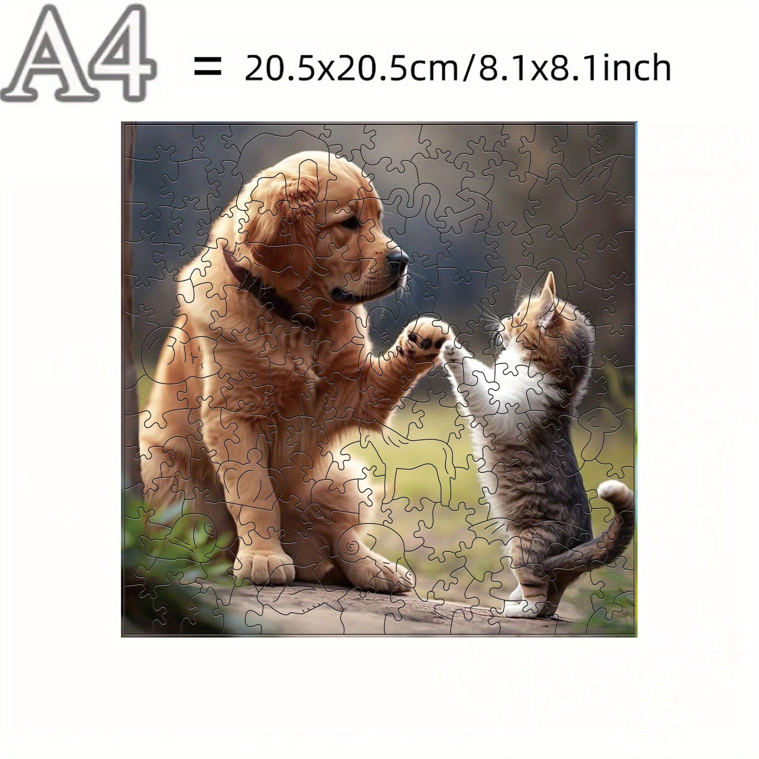 Wooden Puzzle Friendly Dog & Kitten High Five Challenging Plywood Puzzle