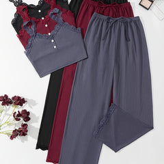 Lace Trim Lounge Set V Neck Cami Top & Elastic Waistband Pants