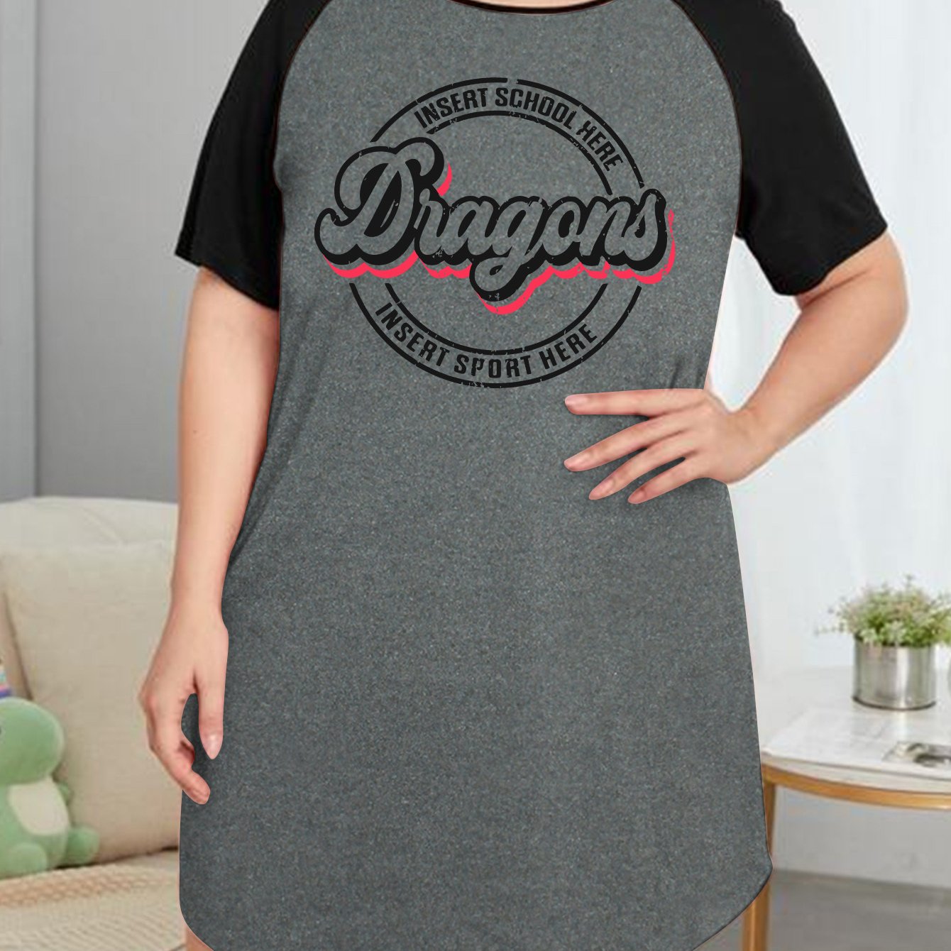Plus Size Art Letter Graphic Raglan Sleep Dress