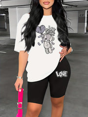 Bear & Letter Print Two piece Set Crew Neck Short Sleeve Tops & Slim Shorts