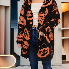 Pumpkin Pattern V Neck Button Up Cardigan Sweater