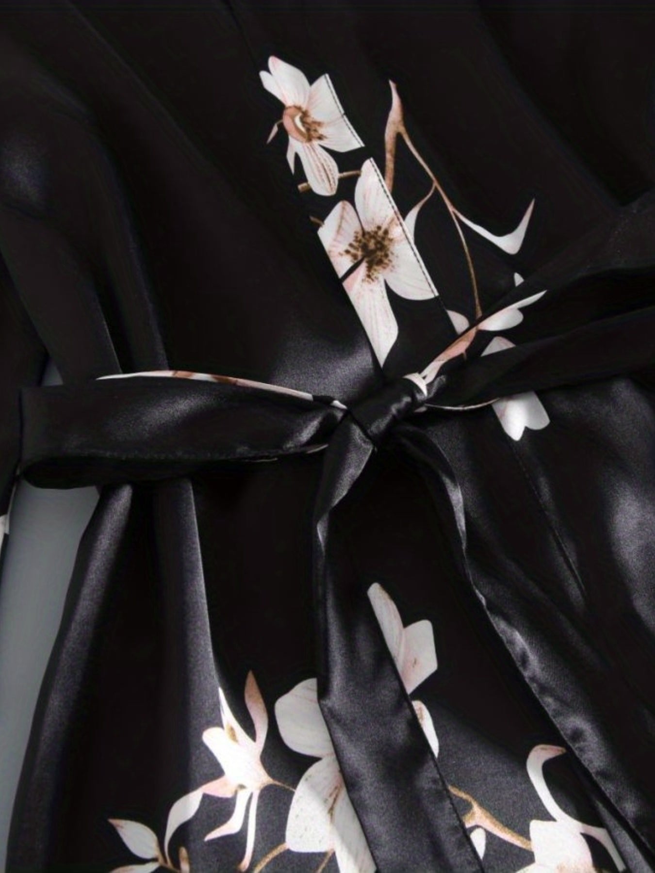 Floral Print Deep V Night Robe with Belt