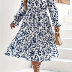 Floral Lantern Sleeve V Neck Midi Dress