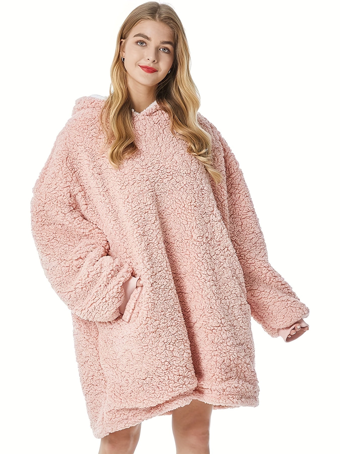 Solid Long Sleeve Hooded Robe Soft Teddy Fleece Blanket
