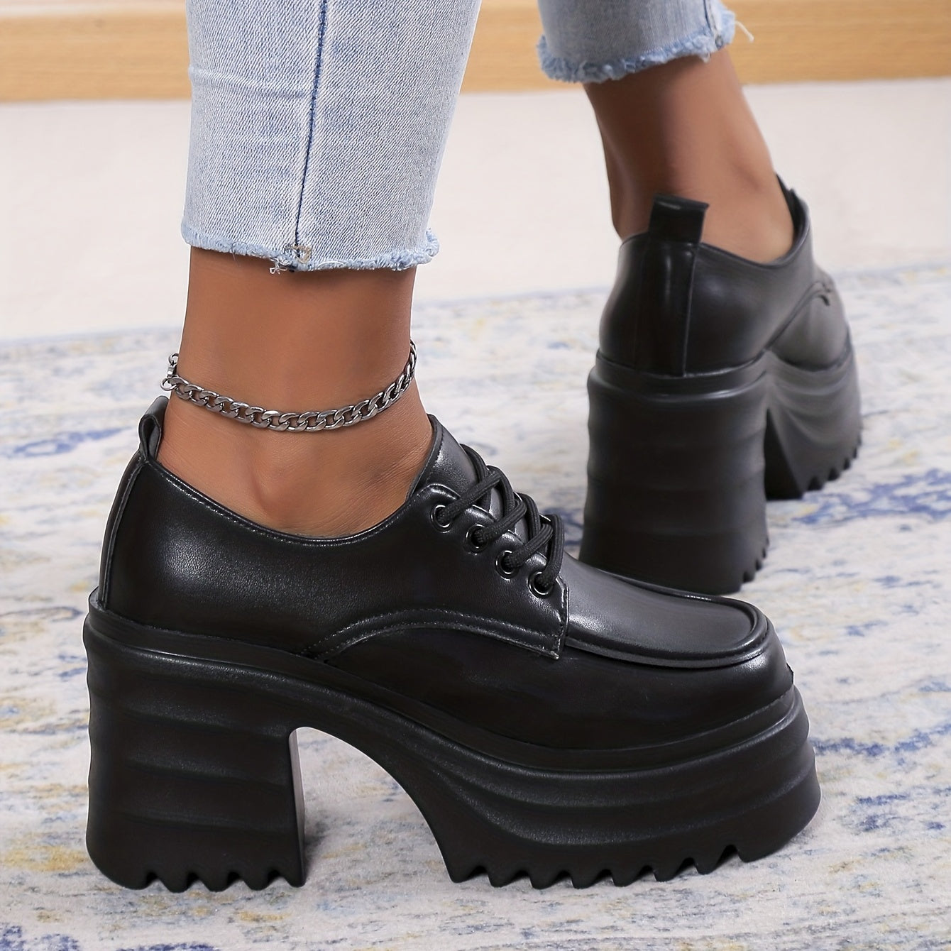 Women's Chunky Heel Loafers Lace Up Platform Shoes