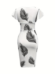 Plant Print Ruffle Trim Dress Casual Bodycon Dress Women's Clothing