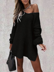 Sexy Sweater Dress One Shoulder Lantern Sleeve V Neck
