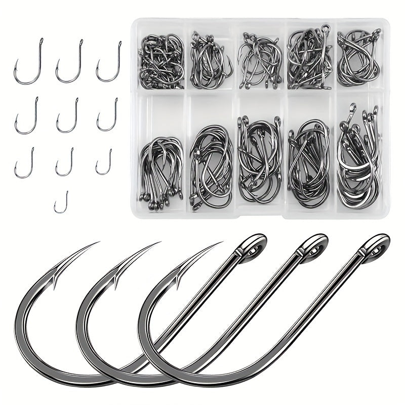 100pcs Fishing Hooks 10 Sizes Circle Barbed Hooks High Carbon Steel