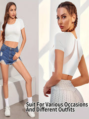 Stylish Solid Back Mesh Crop T Shirt for Yoga Running