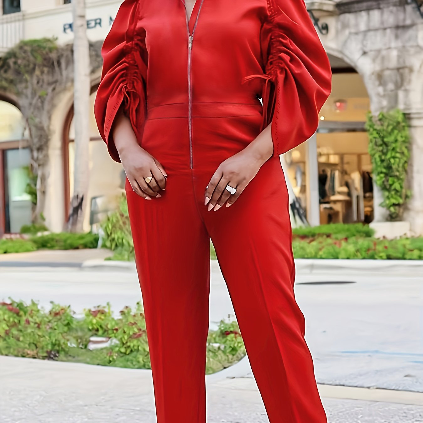 Solid Zipper Ruched Sleeve Jumpsuit