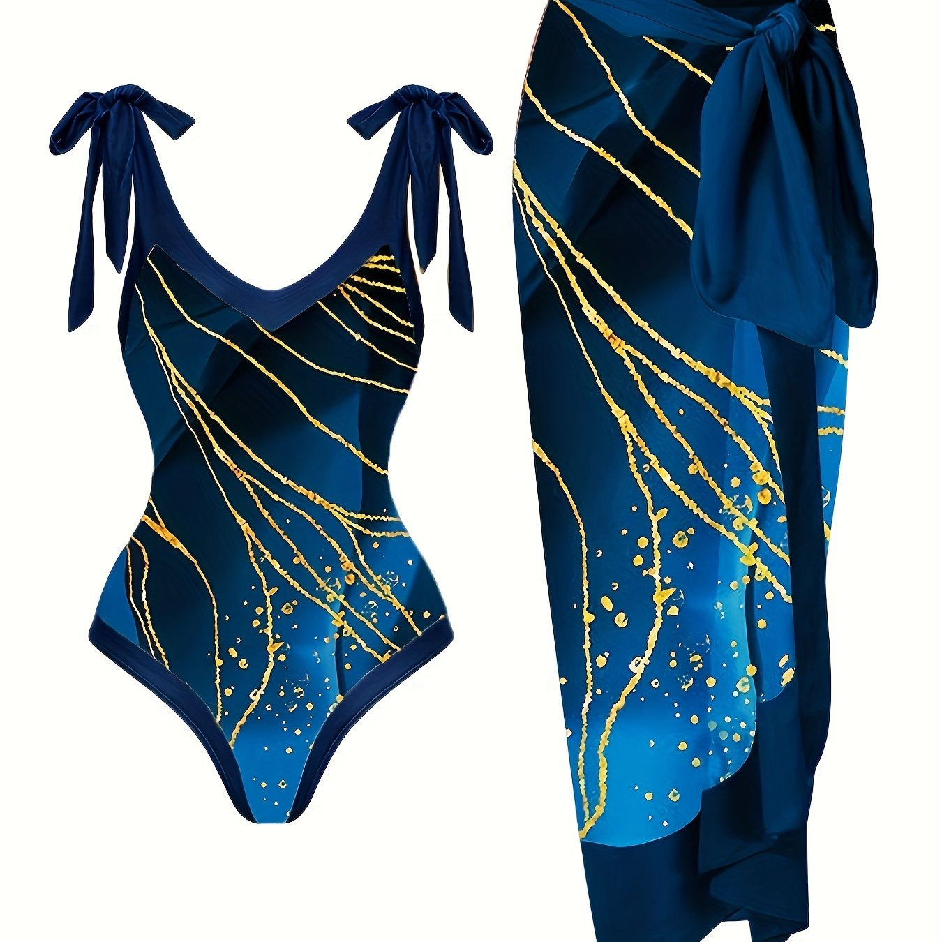 Glitter Marble Print Swimsuit Set & Cover Up Skirt
