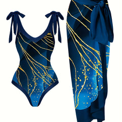 Glitter Marble Print Swimsuit Set & Cover Up Skirt