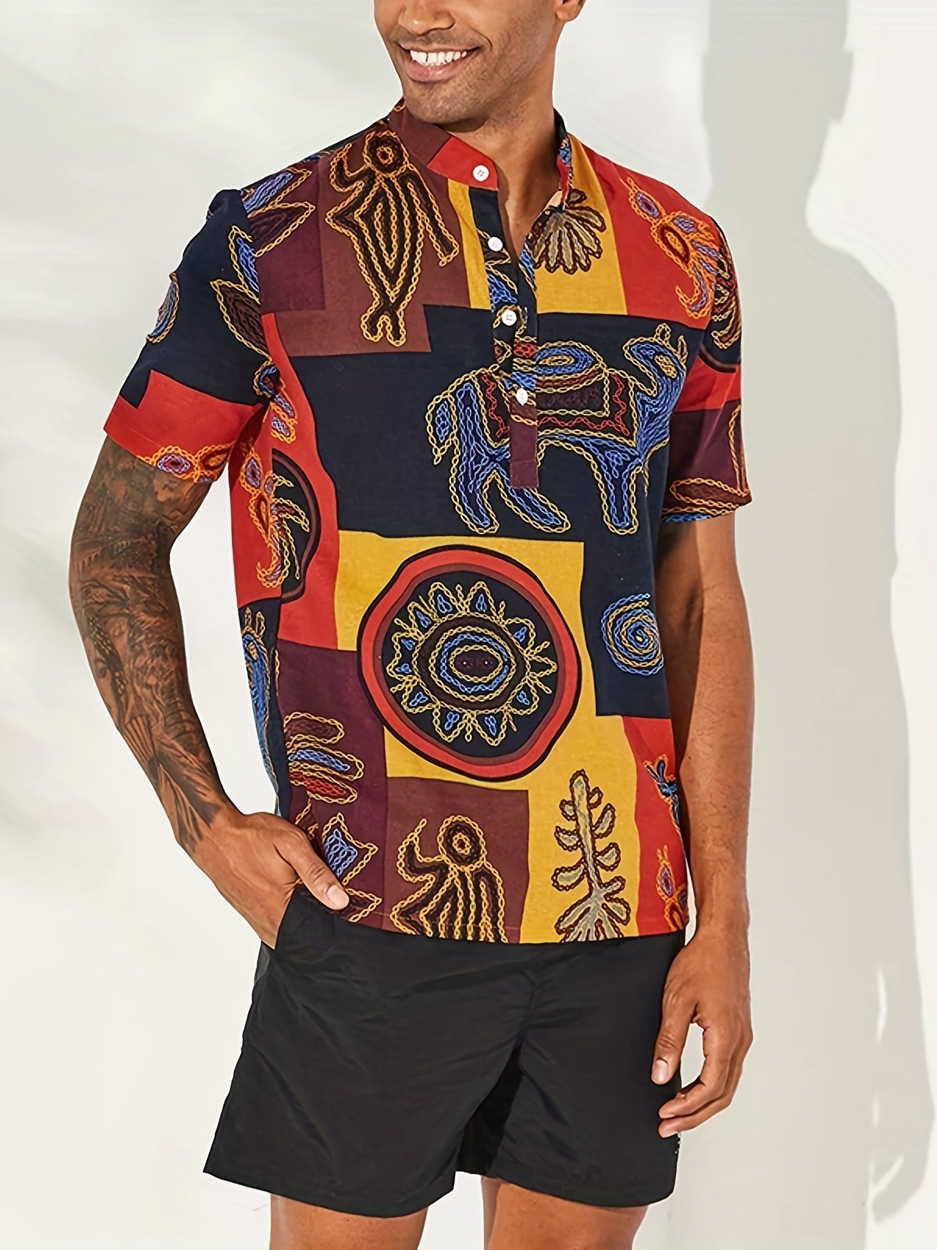 Vintage Ethnic Style Men's Short Sleeve Stand Collar Shirt For Summer
