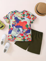 Boys Map Print Casual Outfit Round Neck T shirt & Shorts Set