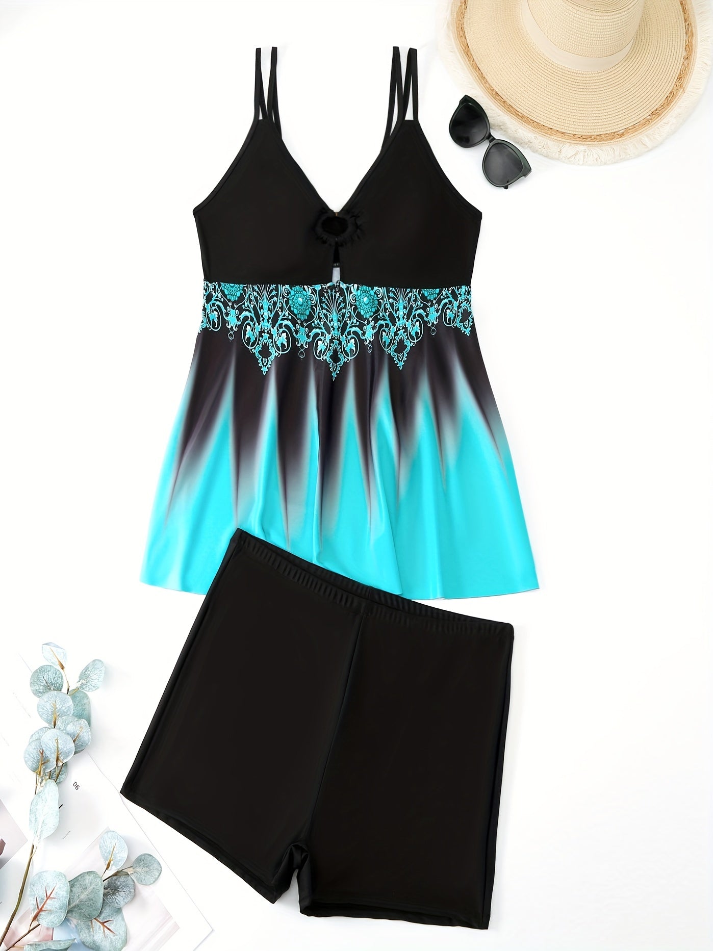 Colorblock Floral Print Tankini Set