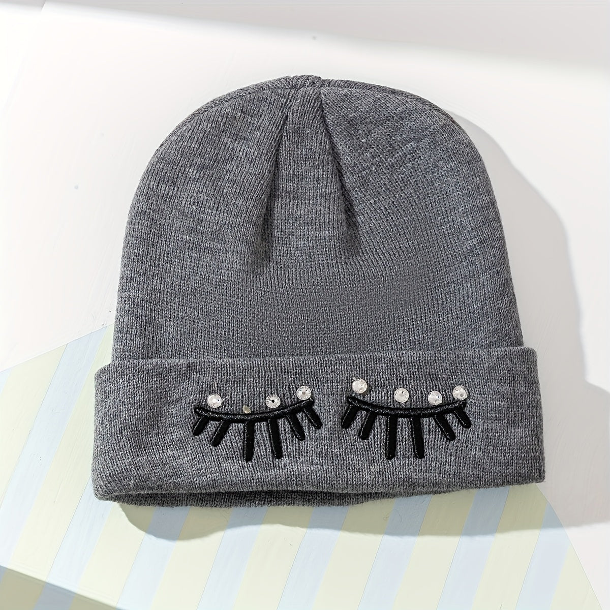Gray Eyelash Embroidery Knit Beanie Hat