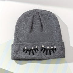 Gray Eyelash Embroidery Knit Beanie Hat