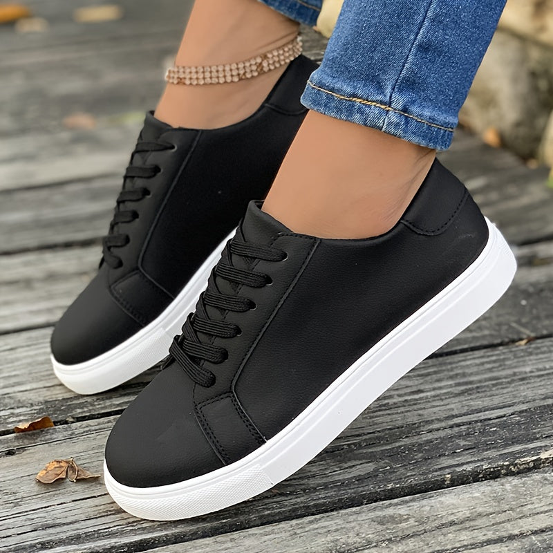 Faux Leather Flat Skate Shoes Lace Up Sneakers