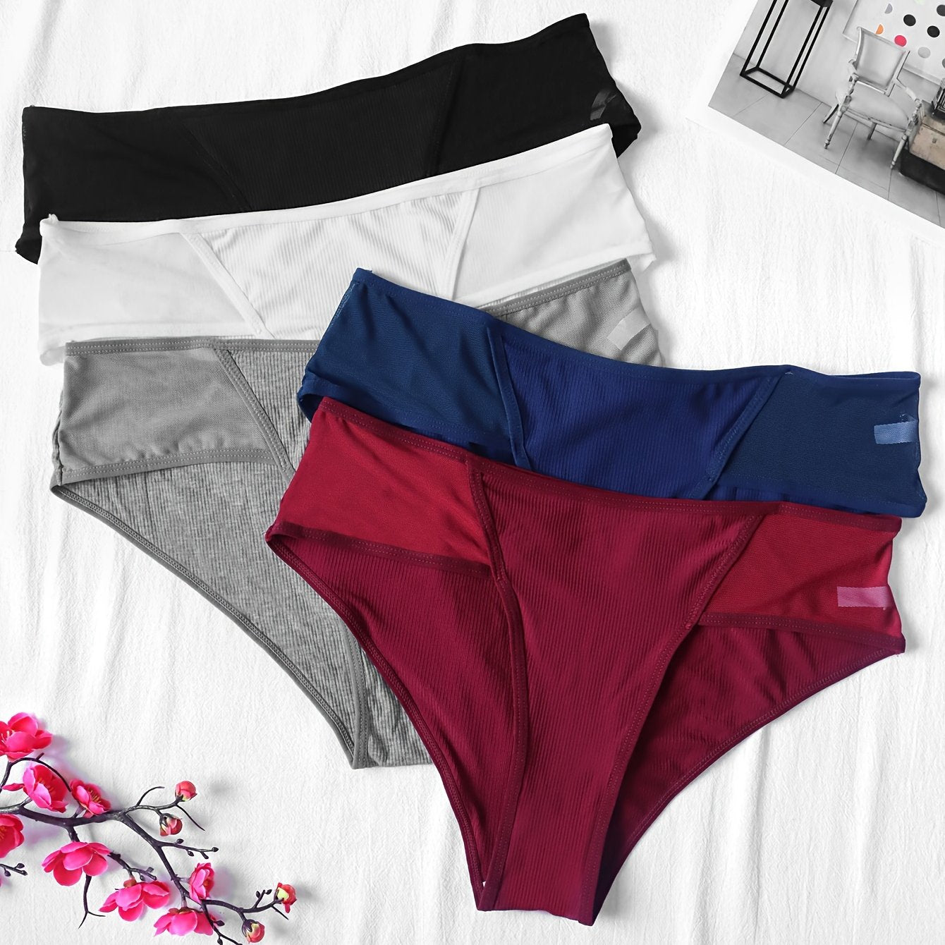 5 Pack Plus Size Sexy Panties Set Women's Plus Breathable Mesh Mid Rise Briefs