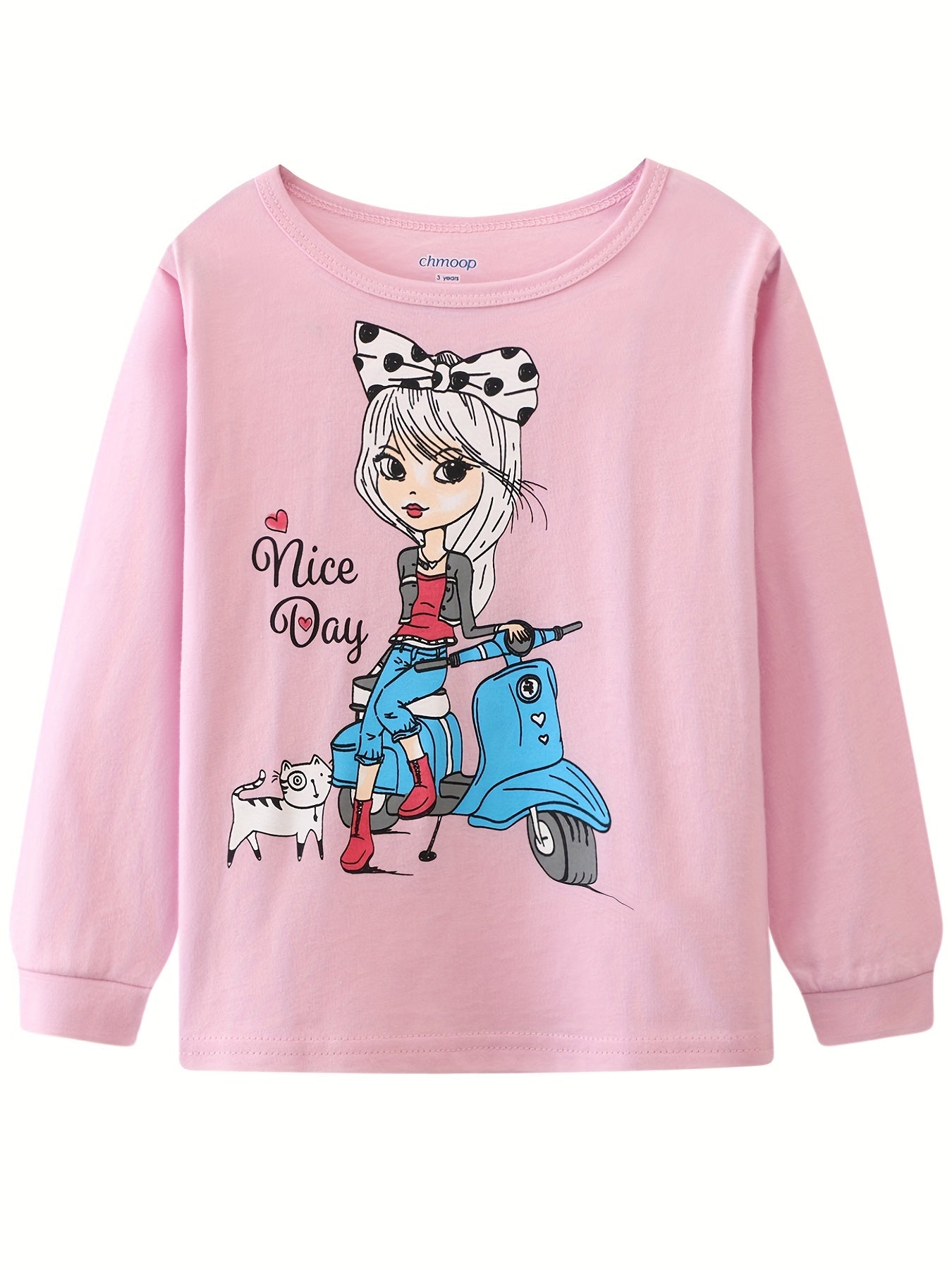 Girls Biker Girl Print Long Sleeve Top & Heart Print Trousers Cotton Pajamas Set