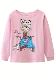 Girls Biker Girl Print Long Sleeve Top & Heart Print Trousers Cotton Pajamas Set