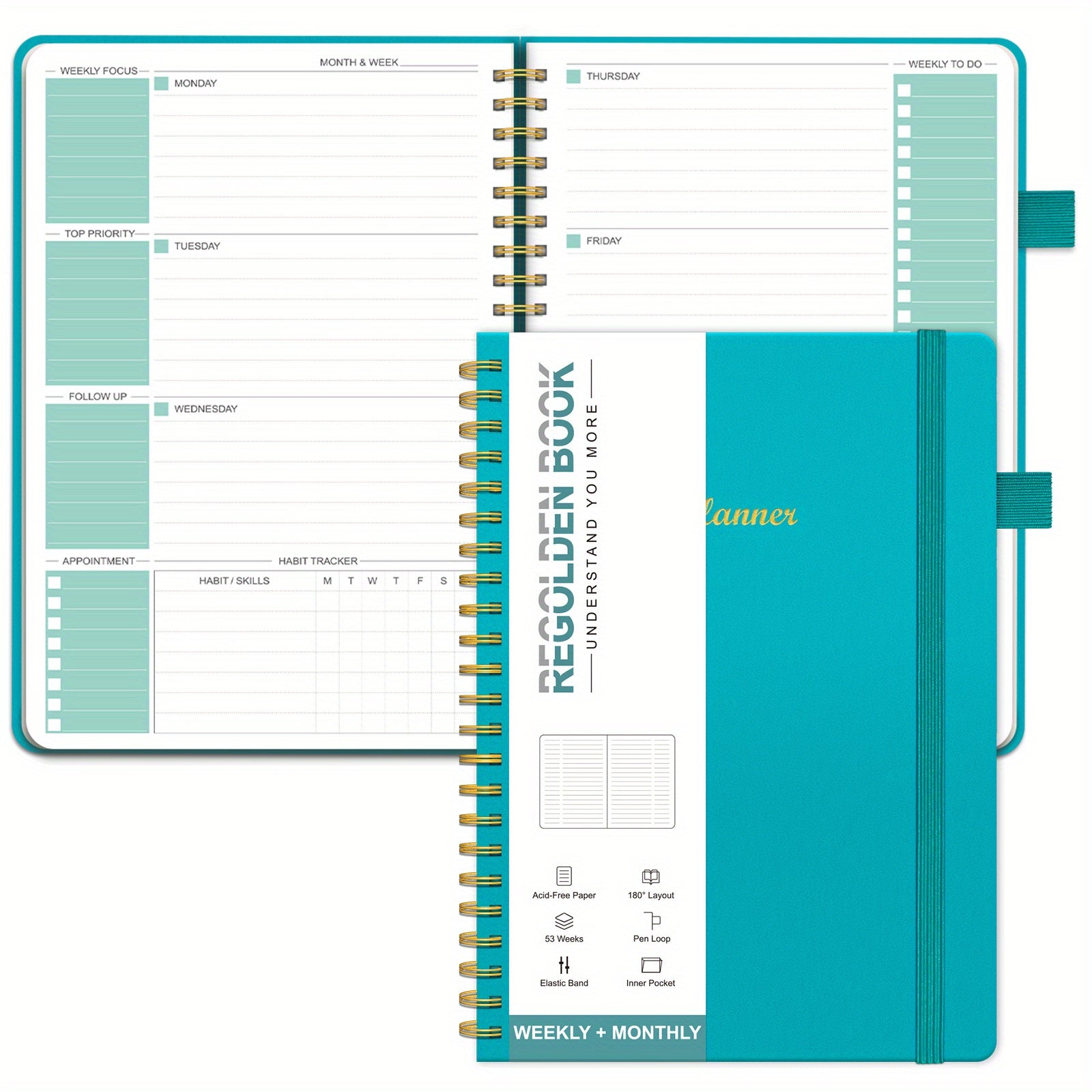 Undated Planner 12 Month Weekly Monthly Hardcover Faux Leather Spiral Bound