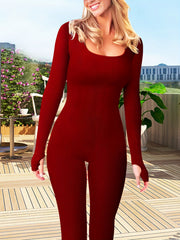 Solid Long Sleeve Sports Jumpsuit with Thumb Hole
