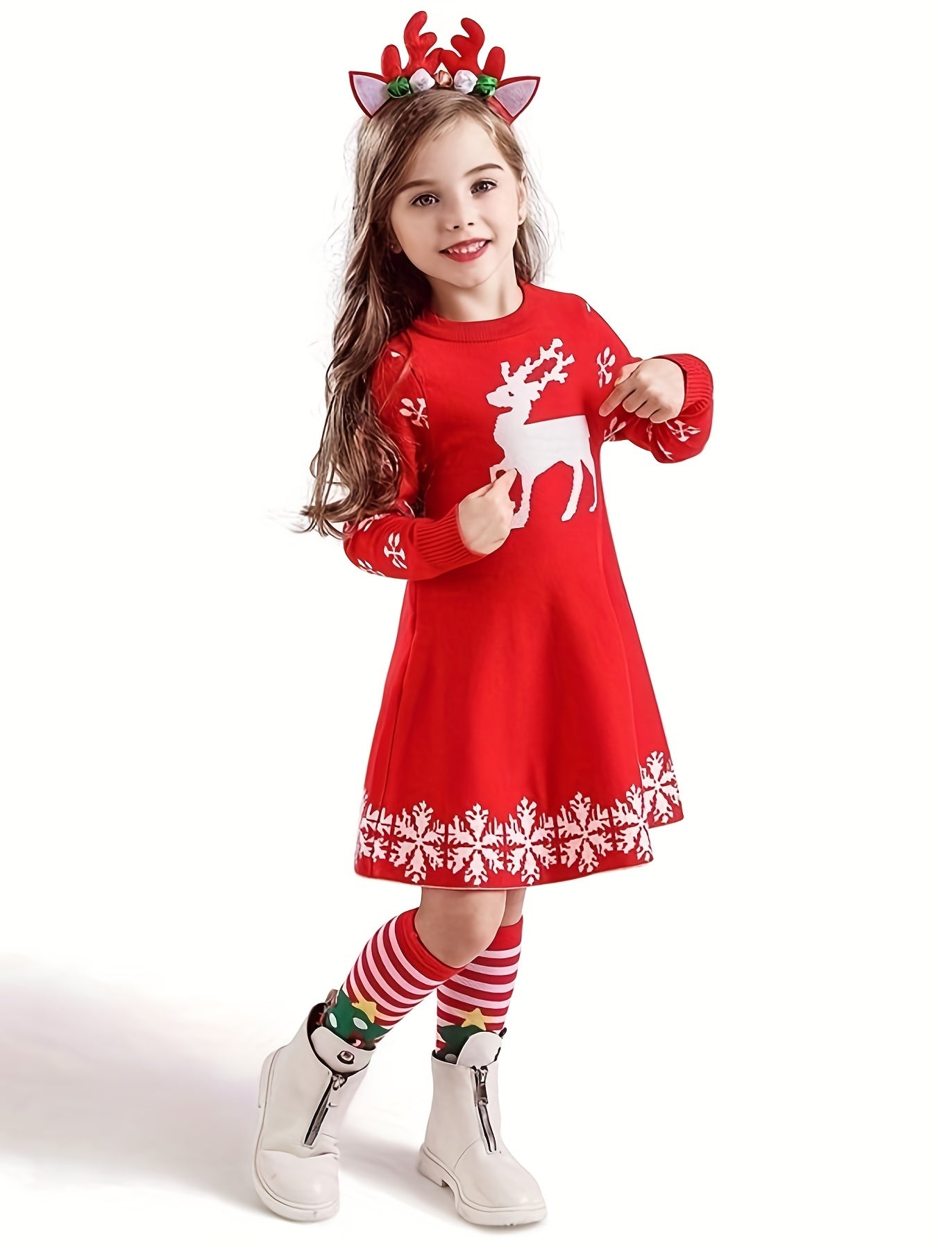 Christmas Deer Jacquard Knitted Dress Long Sleeve Sweater