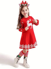 Christmas Deer Jacquard Knitted Dress Long Sleeve Sweater