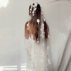 Handcrafted Flower Bridal Veil with Faux Pearls Lightweight