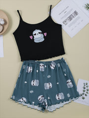 Sloth Print Pajama Set Crew Neck Cami Top & Shorts