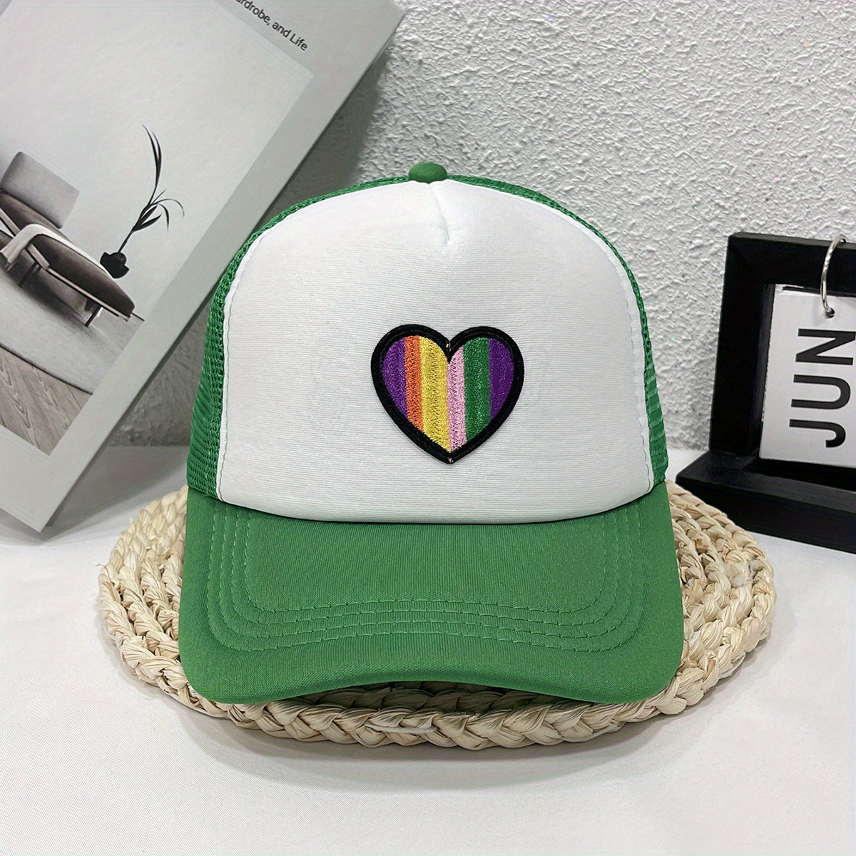 Striped Heart Embroidered Baseball Cap Trucker Hat Mesh Sun Hats Women