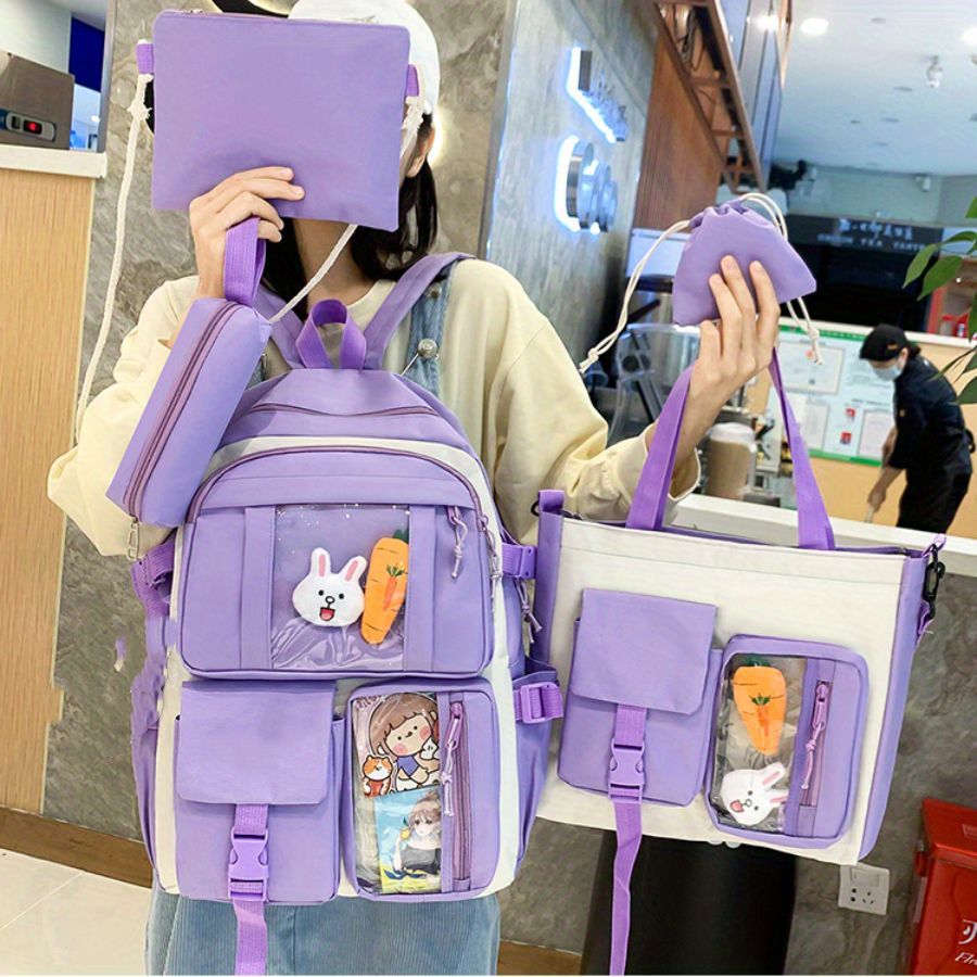 5pcs Cartoon Backpack Crossbody Handbag Set - High School Students