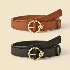 2pcs Round Buckle Belt Classic Solid PU Leather Waist Belt Women