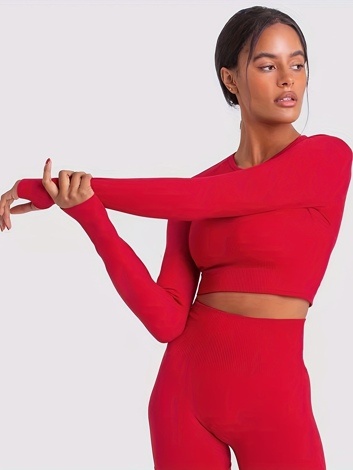 2Pcs Seamless Yoga Suit Long Sleeve Top & High Waist Leggings Set