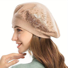 Flower Embroidery Beret Beige Lightweight Warm Berets Cap Women