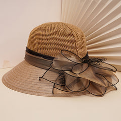 Women's Wide Brim Straw Derby Hat Floral Fascinator
