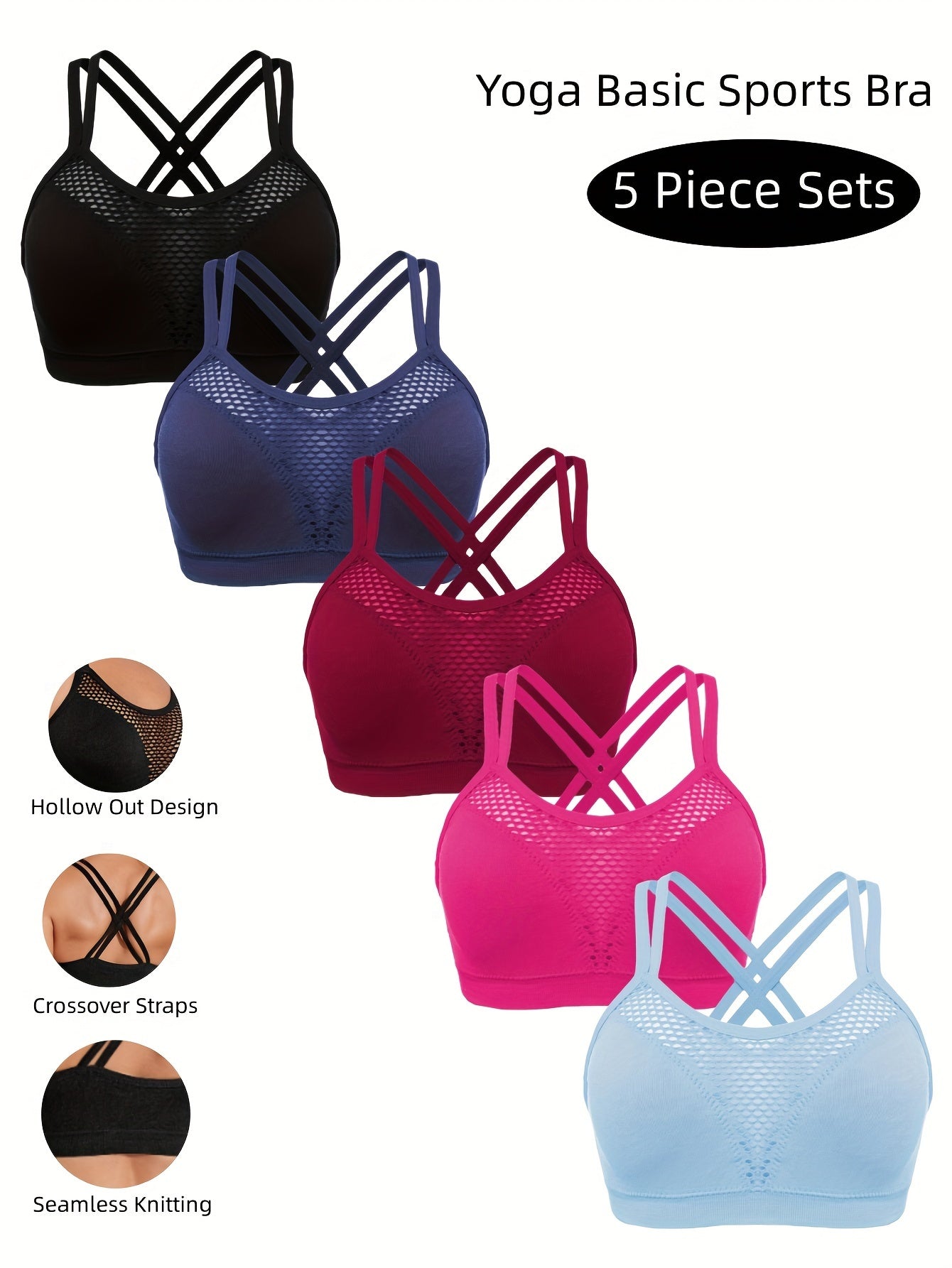 5pcs Stretch Hollow Criss Cross Sports Bra for Women