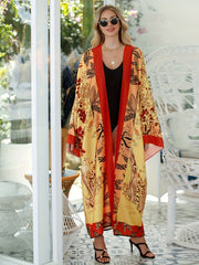 Boho Kimono Women's Plus Leaf Print Long Sleeve Beach Cover Up