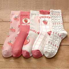 5pairs Girls Kids Strawberry Pattern Thin Lace Breathable Comfy Socks