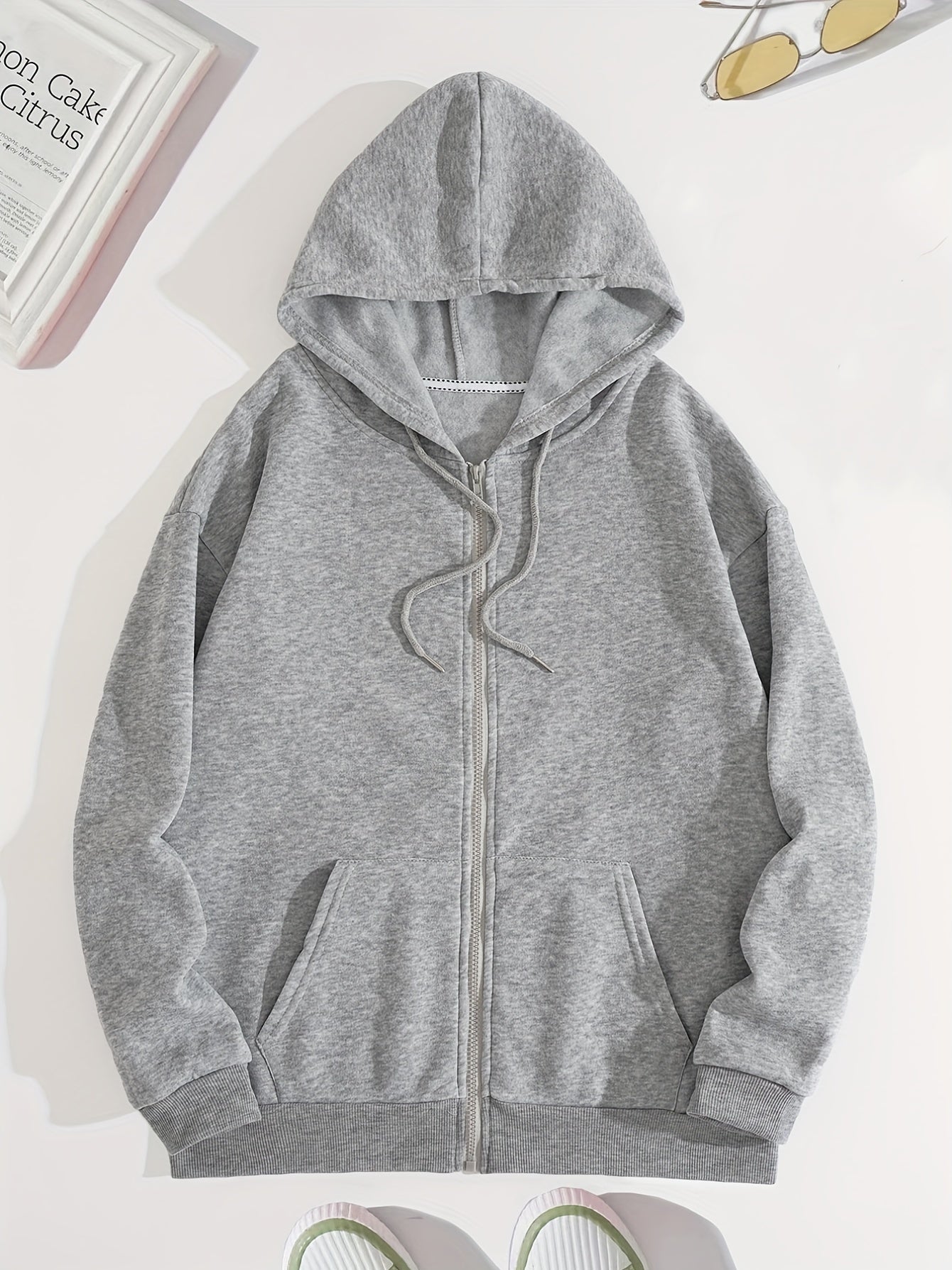 Solid Hoodies Zip-Up Sweatshirt with Pockets