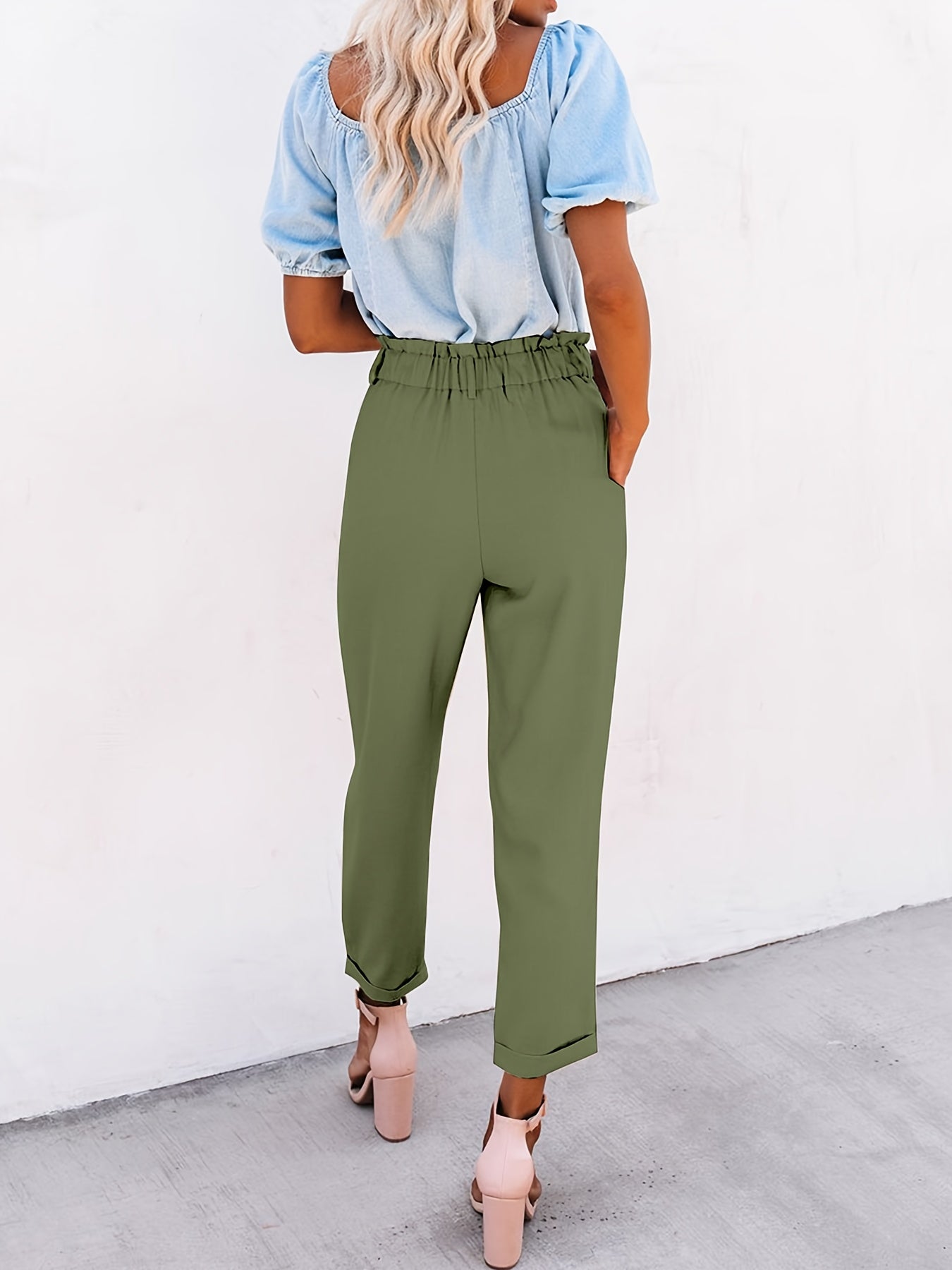 Ruffled Elastic Waist Casual Pants - Solid High Waist Athleisure
